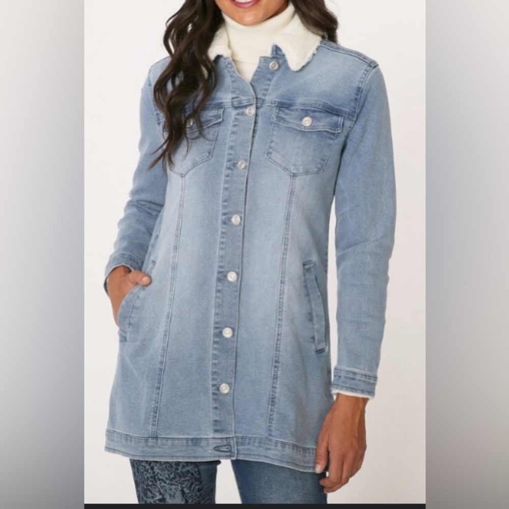 DG2 Diane Gilman Long Jean Jacket Classic Faded Denim Sherpa Collar Chore